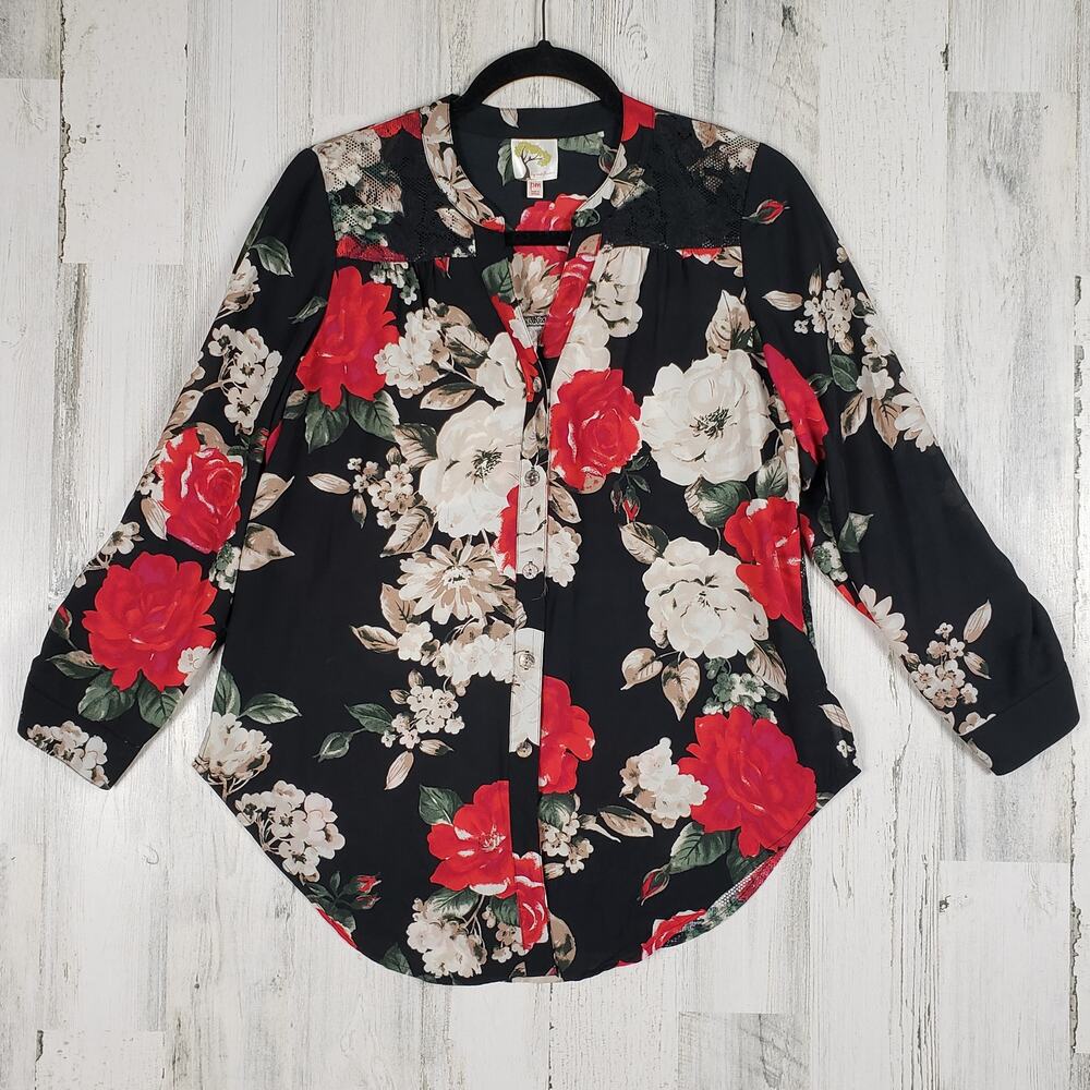 Fig + Flower Floral Long Sleeve Button Down Shirt Women's Size Petite Medium PM